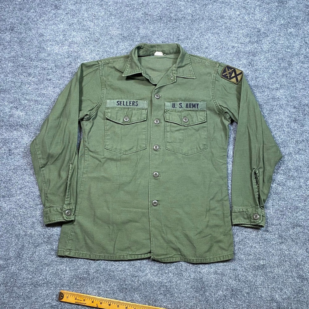 Vintage 1970‎ US Army OG-107 Cotton Sateen Utility Shirt Sellers Patch 15.5x33